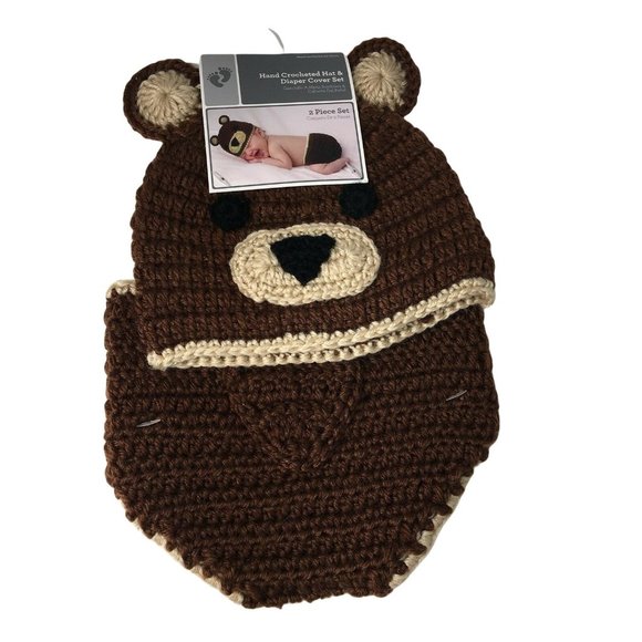 Hand Crocheted Hat And Diaper Cover Bear Sz 0-9 Months Brown Infant Baby Photo - Picture 1 of 12